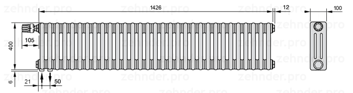 Схема (чертеж) Радиатор Zehnder Charleston 3040/31 №V001 Белый глянцевый RAL 9016